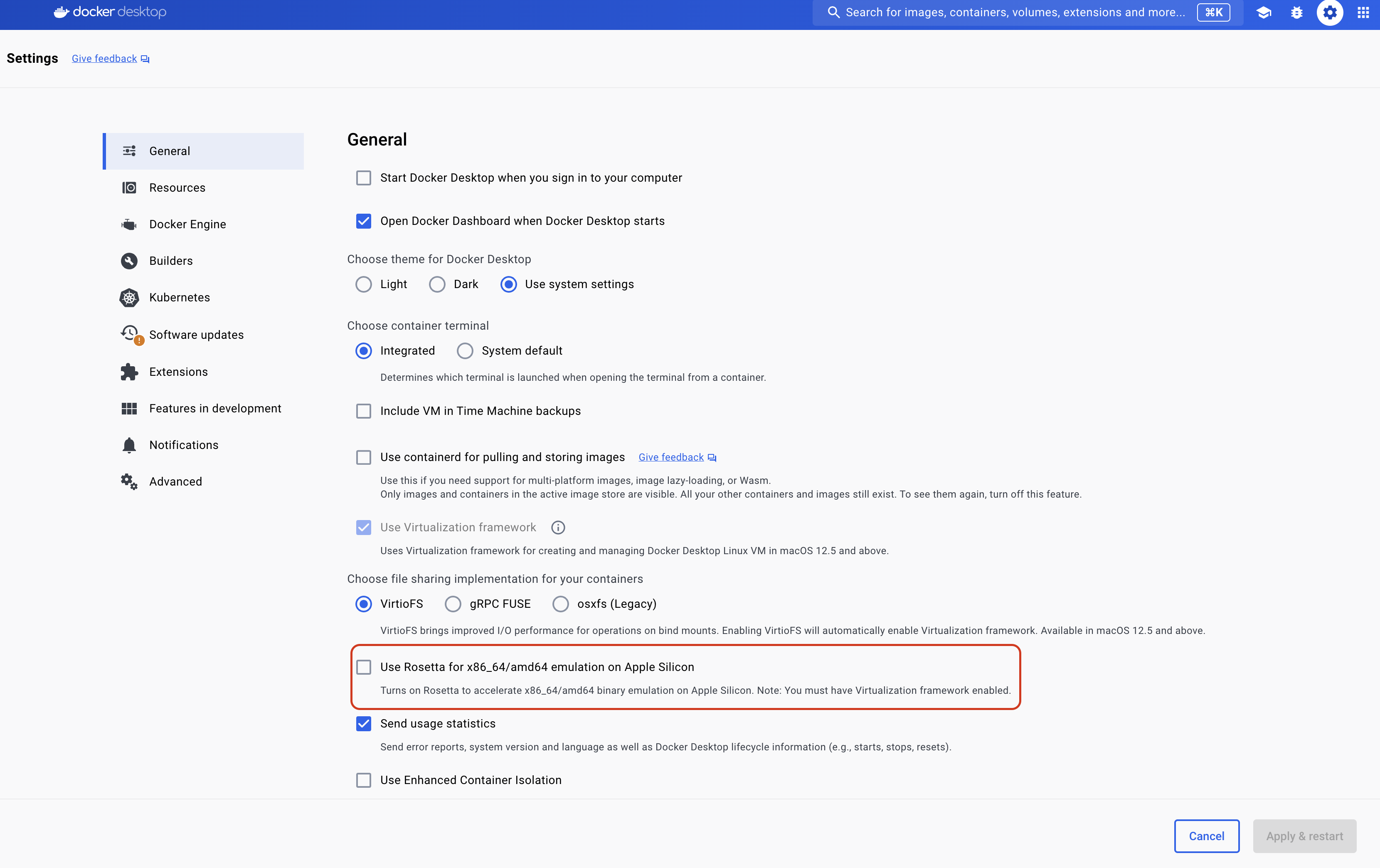 Docker Desktop settings